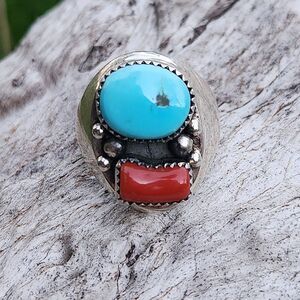 Navajo Handmade Blue Turquoise & Coral Mens Ring Alvin Tolino sterling silver 12